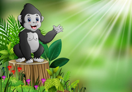 可爱的小大猩猩站在树桩上与绿色植物