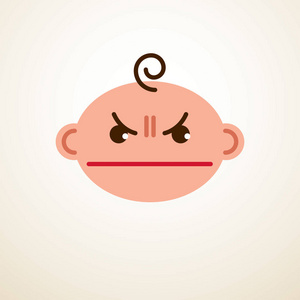 可爱的婴儿卡通矢量扁平图标, 愤怒的悲伤和不幸的孩子 emoji 表情