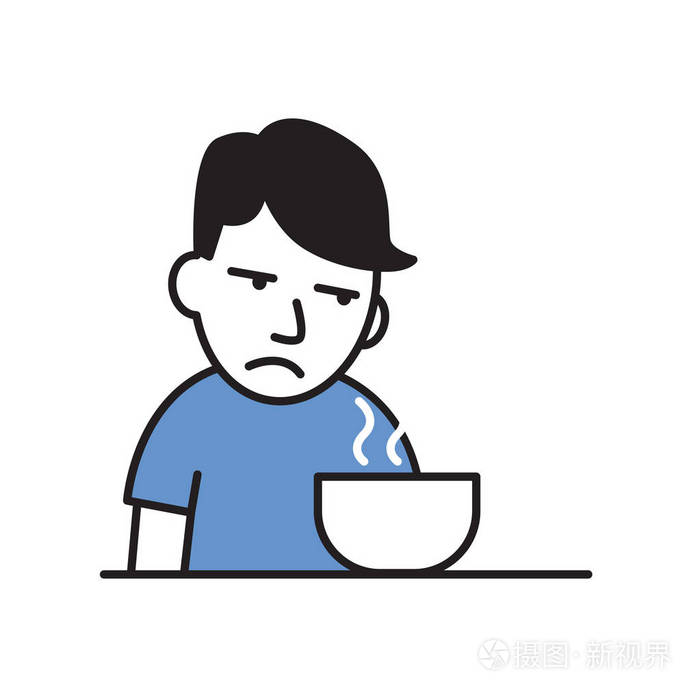 生病的年轻人在吃饭前没有胃口.平面矢量图.在白色背景下隔离插画-正