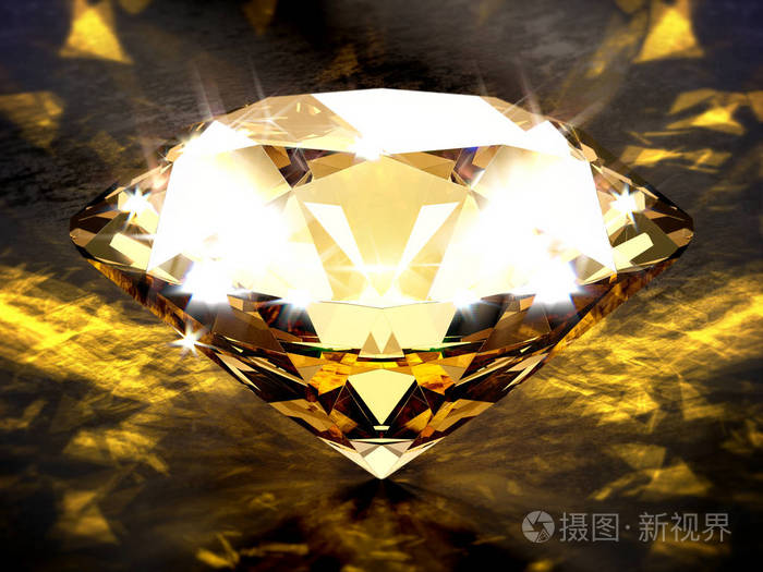 黑色混凝土平面上的钻石特写与金色的光效应