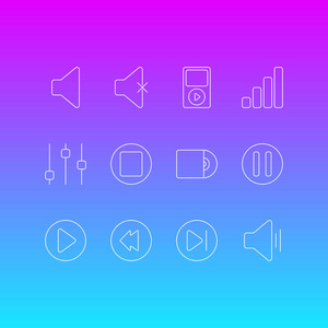 矢量插图12音乐图标线样式。可编辑的 cd扩音器暂停和其他图标元素集