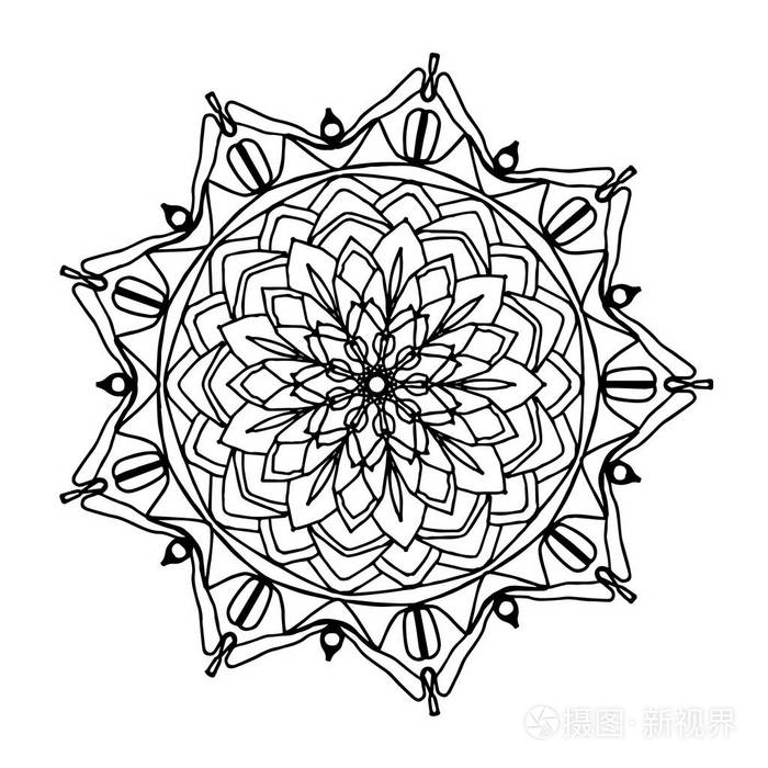 单色手绘花卉曼陀罗.成人抗应力着色页