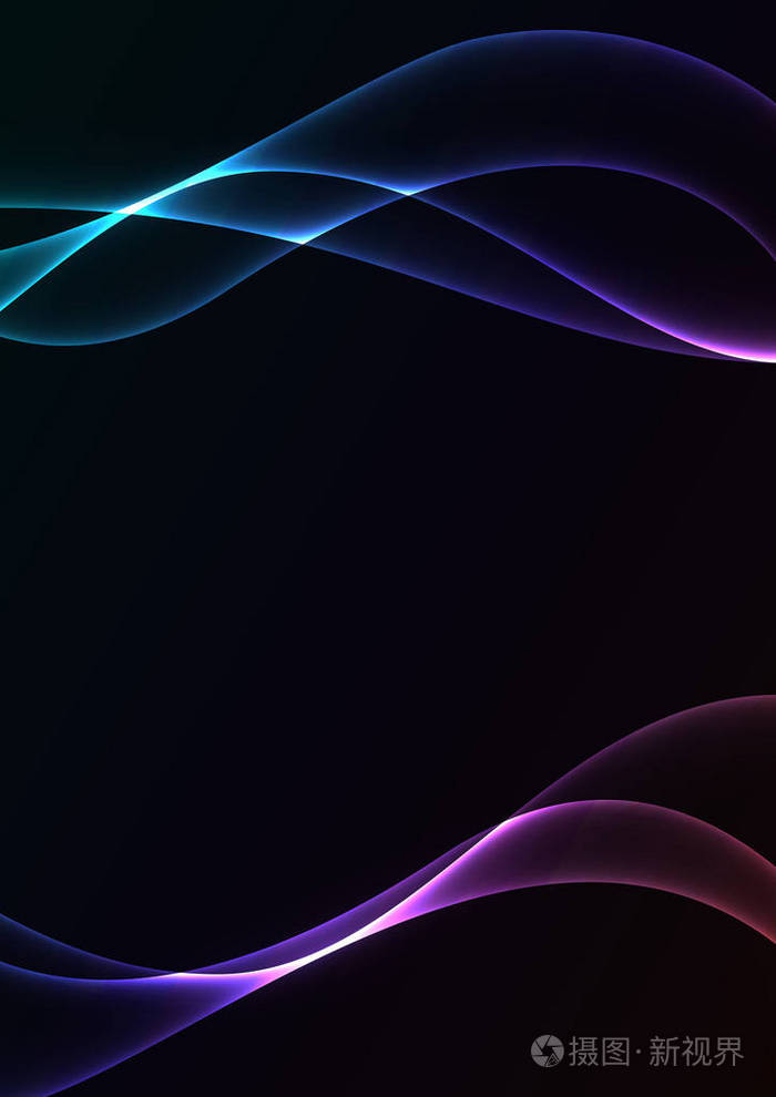 暗彩虹火焰曲线层在黑色背景下重叠, 波浪透明背景, 简单技术模板