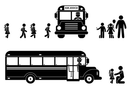 棍子图孩子登上公共汽车图标。回到学校男孩和女孩标志