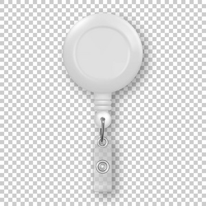 矢量逼真的3d 白色圆卷筒夹子为图形 Id 卡徽章特写在透明网格背景上隔离。样机设计模板