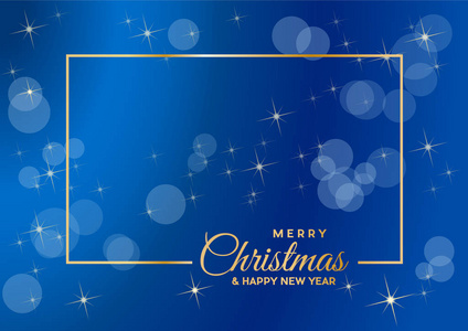 圣诞快乐文本和金色框架, 空白背景, 蓝色, 用星空和模糊的灯光制作