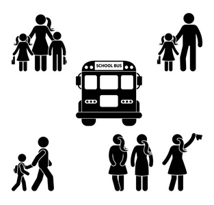父母和孩子上学前要坚持身材。公共汽车, 学生, 母亲, 父亲, 男孩, 女孩黑色图标