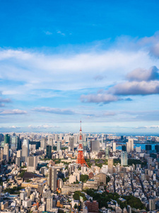 美丽的建筑学和大厦在东京城市附近与东京塔在日本与蓝天和白云