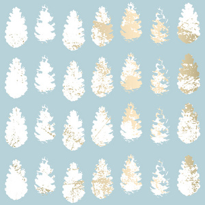 圣诞树锥画矢量纹理。时尚柔和的蓝色白色金色植物冬季图案