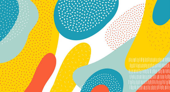 具有孟菲斯点线设计的彩色椭圆或圆形图形的抽象艺术色彩矢量图案背景