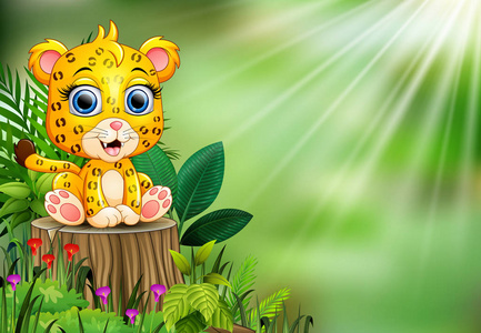 动画片愉快的婴孩豹子站立在树桩与绿色植物