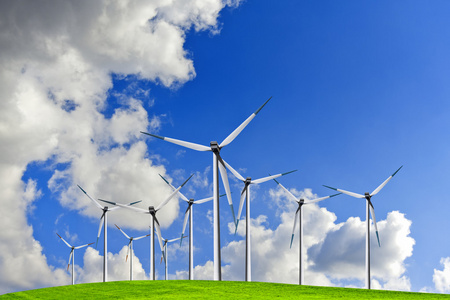 风力发电站-风电机组对蓝蓝的天空风车场养殖风车风力发电机风电场