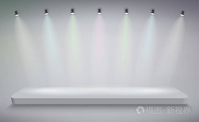 产品展示台上, 白色舞台, 空白白色底座, 空白模板模型.向量