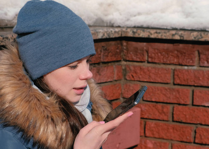 坐在冬季公园里的手机上, 女子正在说音频信息。特写镜头面侧视图