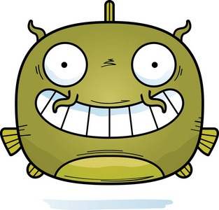 鲶鱼嘴一条大鲶鱼,看起来非常快乐的卡通插图照片