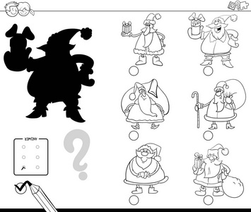 黑白动画片例证为儿童找到正确的影子教育活动的圣诞老人字符着色书
