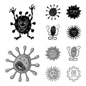 不同类型的微生物和病毒。病毒和细菌集合图标在黑色, 单色样式矢量符号股票插画网站