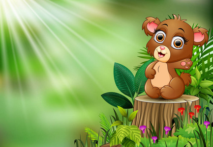 小熊的动画片坐在树桩与绿叶和开花植物