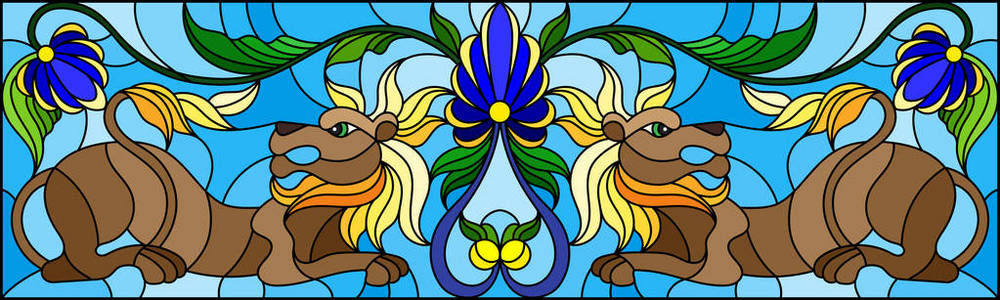 例证在彩色玻璃样式与抽象狮子和蓝色花在蓝色背景, 镜子图象, 水平方向