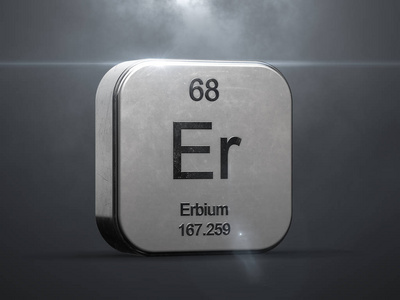 周期表中的 erbium 元素。金属图标3d 渲染与漂亮的镜头耀斑