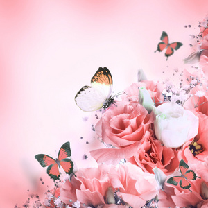 束粉色玫瑰和蝴蝶