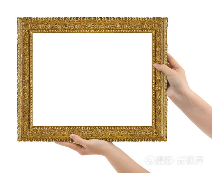 木制相框在白色背景上孤立的手中