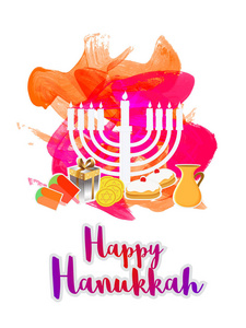 愉快的光明节贺卡设计与节日美食元素和传统的烛台为犹太假日庆祝活动