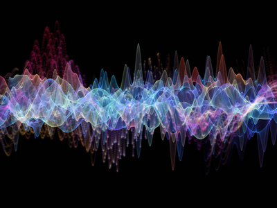 波函数系列。由彩色正弦振动光和分形元素构成的艺术抽象, 包括声音均衡器音乐谱和量子概率。
