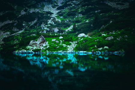 高山上令人惊叹的阿尔卑斯湖。美丽的峡湾山, 河, 徒步天堂风景, 夏天