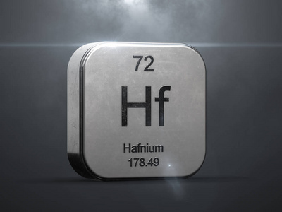 周期表中的 Hafnium 元素。金属图标3d 渲染与漂亮的镜头耀斑