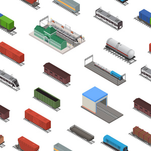 不同类型的列车3d 无缝模式背景等距视图。向量