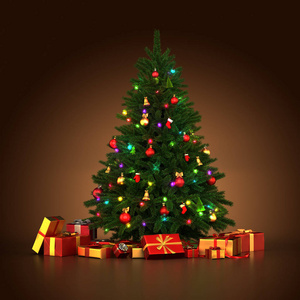 3d 渲染装饰圣诞树的玩具和礼物