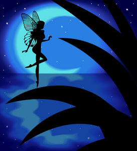 剪影童话女孩与月亮背景上图片