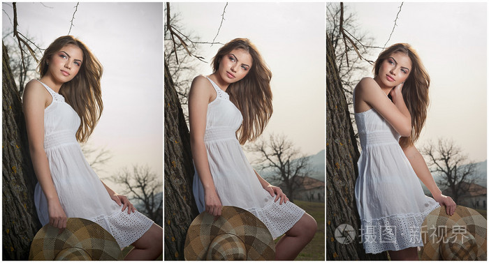 美丽的女孩画像戴着帽子在花园里的一棵树旁 浪漫的景色 年轻白种人的性感女人 在室外的白色短裙的姑娘 仙女公主在花园里的白色连衣裙照片 正版商用图片0a1hnc 摄图新视界