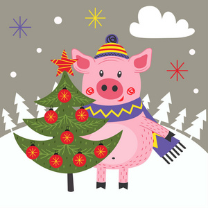 卡片愉快的新年与猪和圣诞树向量例证, eps