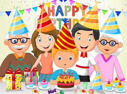 快乐的小男孩卡通吹生日蜡烛和他的家人照片