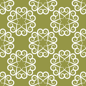 橄榄绿色背景上的白色花卉装饰品。纺织品和墙纸无缝图案