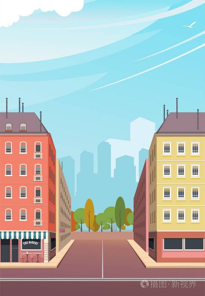 矢量插画与摩天大楼和摩天大楼垂直路口的沥青路