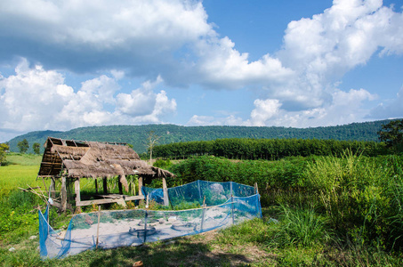 小屋位于山的末端并且有山顶背景