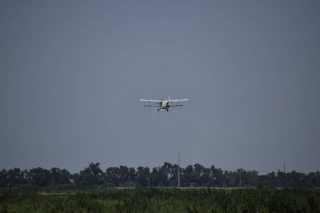 飞机农业航空 An2。喷洒肥料和杀虫剂在领域与航空器