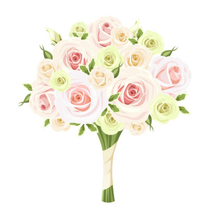 婚礼花束的粉红色，白色和绿色的玫瑰。矢量图