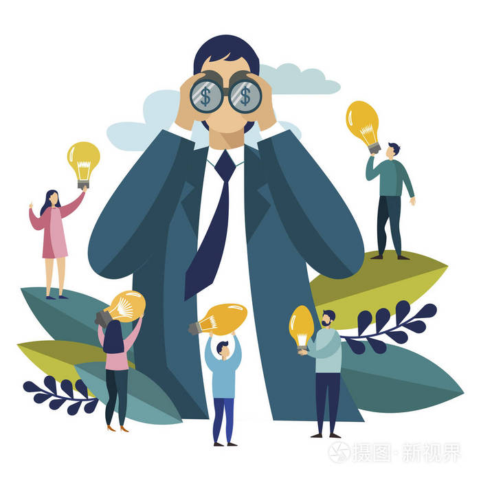 商人通过双目寻找金钱.扁平化的业务风格.动画片向量例证