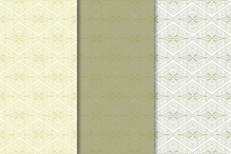 一套几何装饰品。橄榄绿色和白色无缝图案, 用于网络纺织品和墙纸