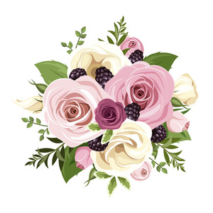 粉色和白色的玫瑰和桔梗花。矢量图