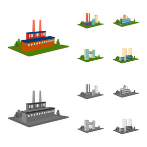 加工厂, 冶金厂。工厂和行业集合图标在卡通, 单色风格等距矢量符号股票插画网站
