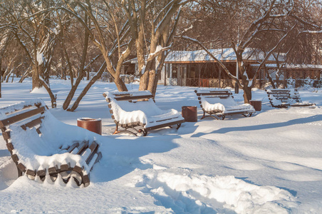 雪中冬季公园长椅