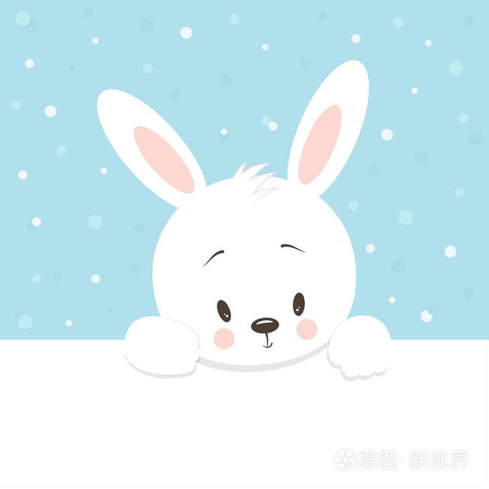明信片与野兔度假, 可爱的小卡通兔子, 动物是在雪在冬天