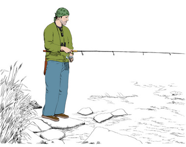 石岸的一条河渔夫图片