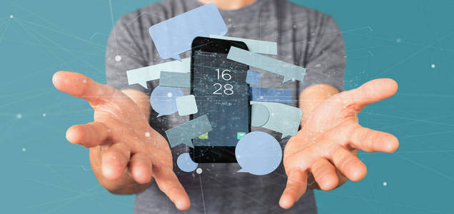 一个生意人的视图在智能手机3d 渲染周围形成气泡