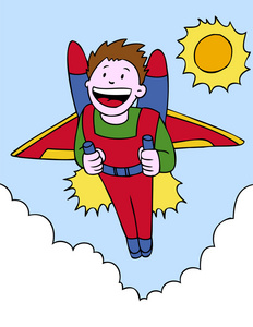 卡通插图的商人与火箭军事喷气式飞机的驾驶舱带有黑色烟雾的动画逼真